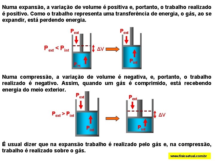 Numa expansão, a variação de volume é positiva e, portanto, o trabalho realizado é