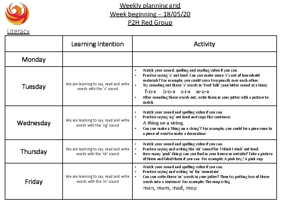 Literacy Weekly planning grid Week beginning – 18/05/20 P 2 H Red Group Learning