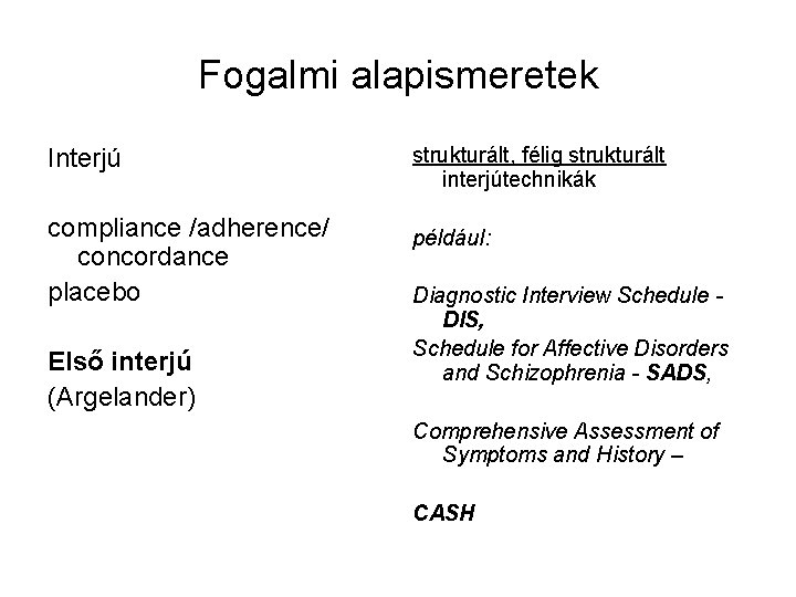 Fogalmi alapismeretek Interjú compliance /adherence/ concordance placebo Első interjú (Argelander) strukturált, félig strukturált interjútechnikák