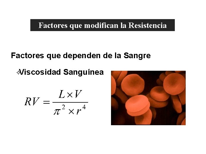 Resistencia Factores que modifican la Resistencia Factores que dependen de la Sangre ²Viscosidad Sanguínea