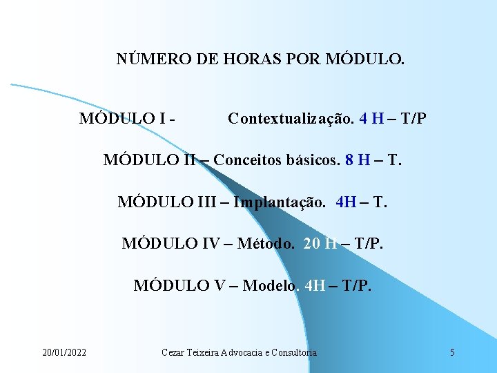 NÚMERO DE HORAS POR MÓDULO I - Contextualização. 4 H – T/P MÓDULO II