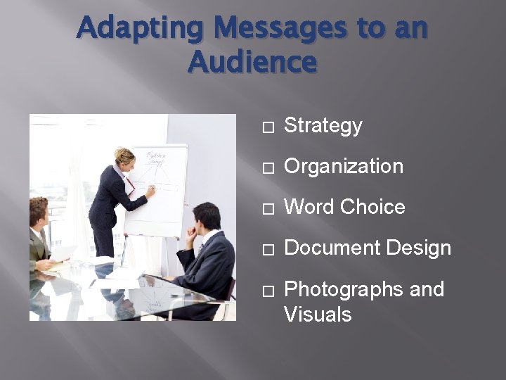 Adapting Messages to an Audience � Strategy � Organization � Word Choice � Document