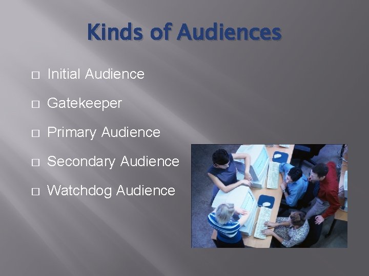 Kinds of Audiences � Initial Audience � Gatekeeper � Primary Audience � Secondary Audience