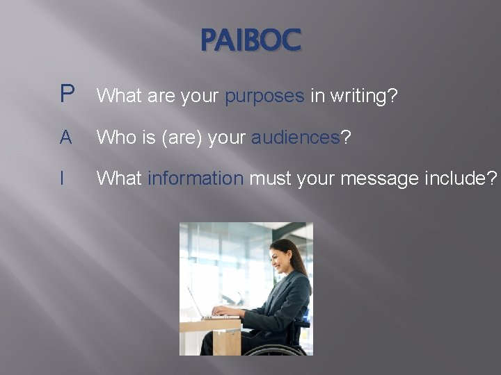 PAIBOC P What are your purposes in writing? A Who is (are) your audiences?