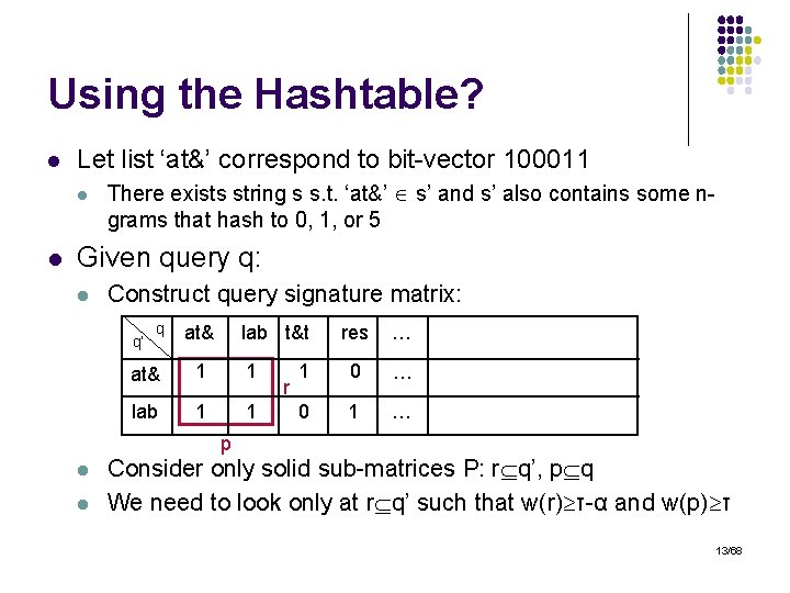 Using the Hashtable? l Let list ‘at&’ correspond to bit-vector 100011 l l There