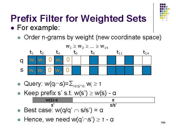 Prefix Filter for Weighted Sets l For example: l Order n-grams by weight (new