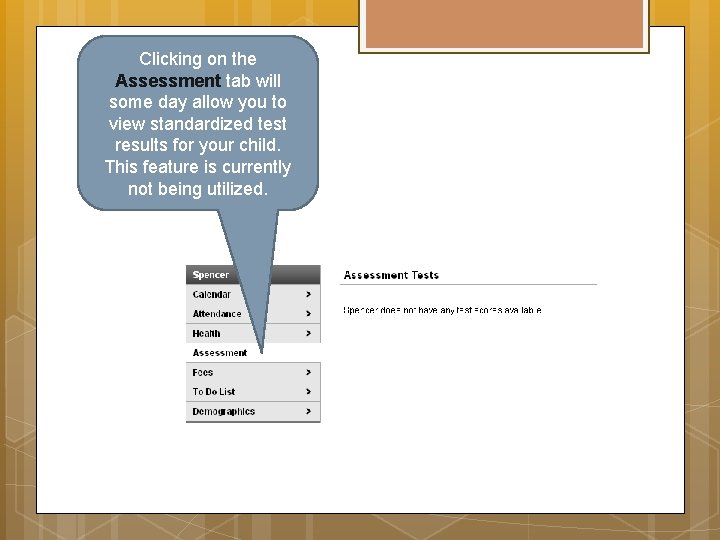 Clicking on the Assessment tab will some day allow you to view standardized test