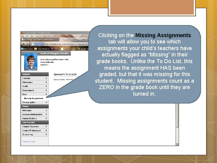 Clicking on the Missing Assignments tab will allow you to see which assignments your