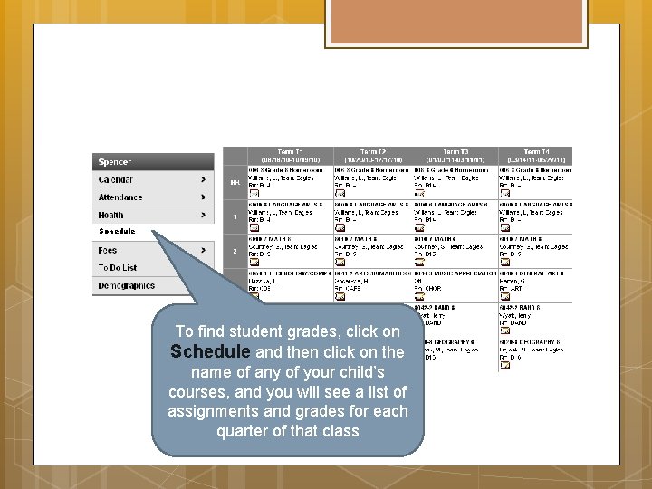 Schedule To find student grades, click on Schedule and then click on the name