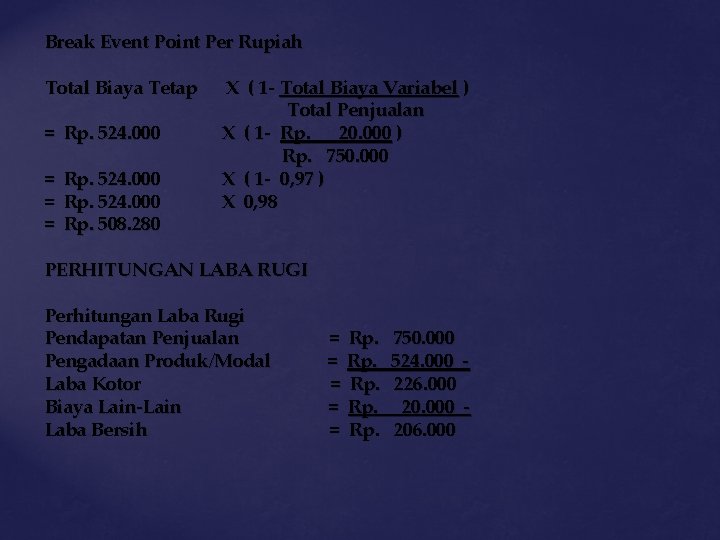 Break Event Point Per Rupiah Total Biaya Tetap = Rp. 524. 000 = =