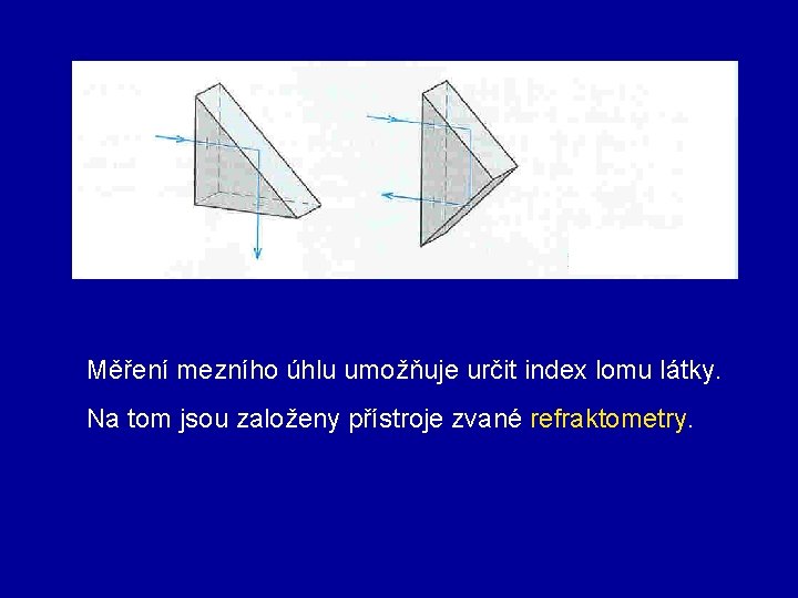 Měření mezního úhlu umožňuje určit index lomu látky. Na tom jsou založeny přístroje zvané