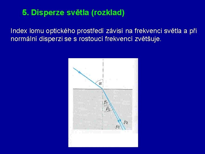 5. Disperze světla (rozklad) Index lomu optického prostředí závisí na frekvenci světla a při