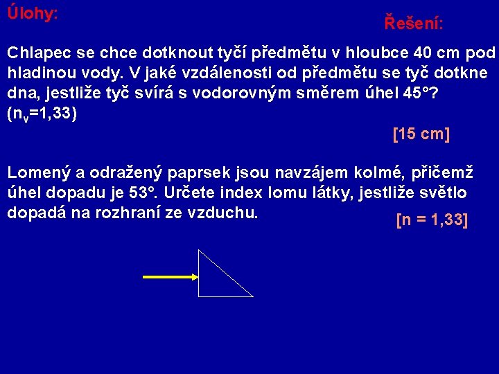 Úlohy: Řešení: Chlapec se chce dotknout tyčí předmětu v hloubce 40 cm pod hladinou