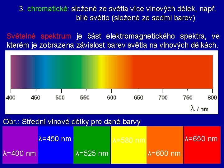 3. chromatické: složené ze světla více vlnových délek, např. bílé světlo (složené ze sedmi