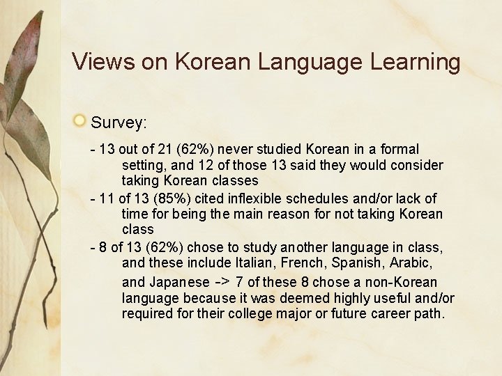 Views on Korean Language Learning Survey: - 13 out of 21 (62%) never studied Views on Korean Language Learning Survey: - 13 out of 21 (62%) never studied