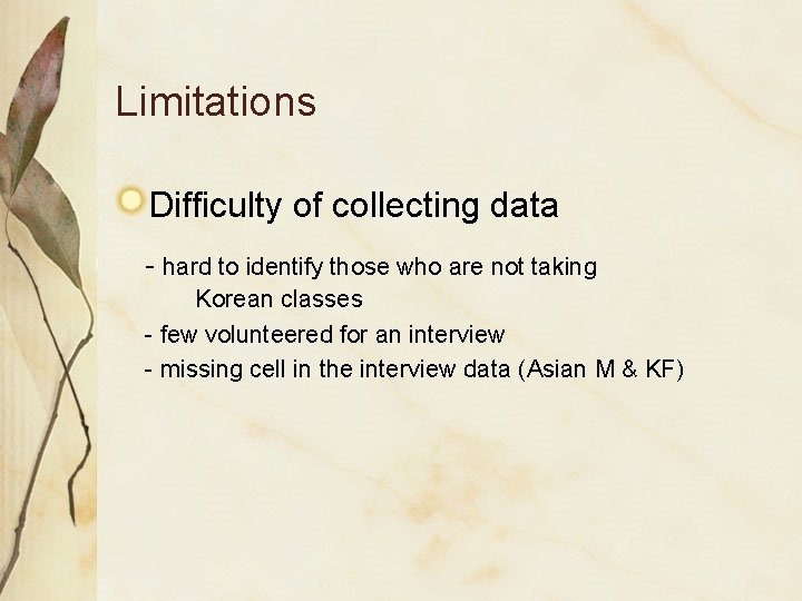 Limitations Difficulty of collecting data - hard to identify those who are not taking Limitations Difficulty of collecting data - hard to identify those who are not taking