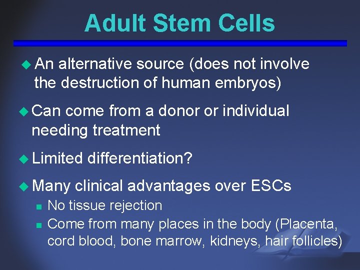 Adult Stem Cells u An alternative source (does not involve the destruction of human