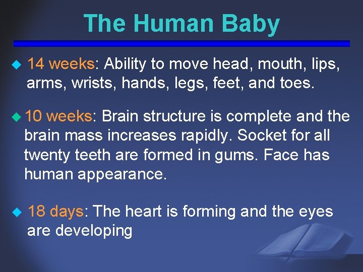 The Human Baby u 14 weeks: Ability to move head, mouth, lips, arms, wrists,