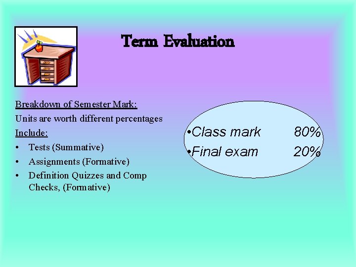 Term Evaluation Breakdown of Semester Mark: Units are worth different percentages Include: • Tests