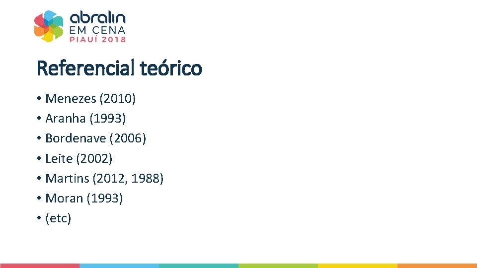 Referencial teórico • Menezes (2010) • Aranha (1993) • Bordenave (2006) • Leite (2002)