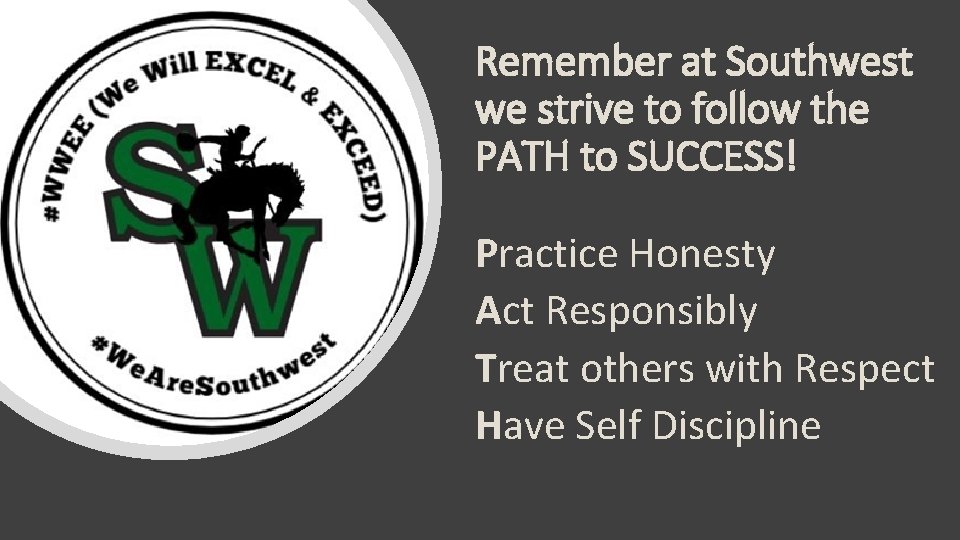 Remember at Southwest we strive to follow the PATH to SUCCESS! Practice Honesty Act