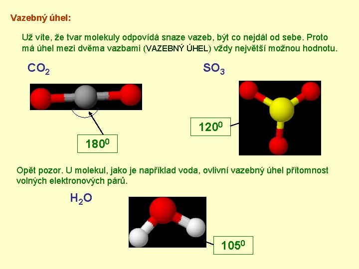 Vazebný úhel: Už víte, že tvar molekuly odpovídá snaze vazeb, být co nejdál od