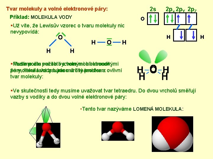 Tvar molekuly a volné elektronové páry: 2 s Příklad: MOLEKULA VODY O §Už víte,