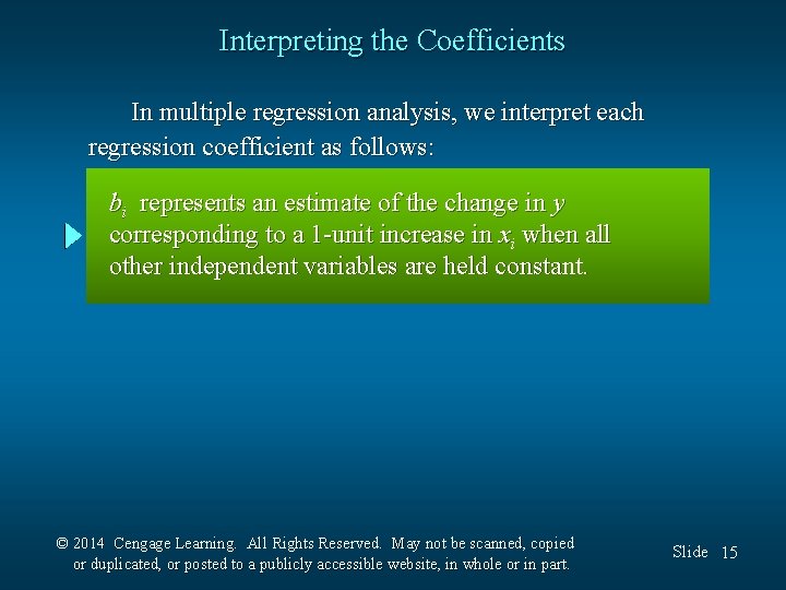 Interpreting the Coefficients In multiple regression analysis, we interpret each regression coefficient as follows: