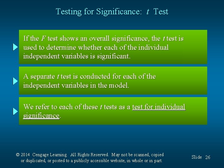 Testing for Significance: t Test If the F test shows an overall significance, the