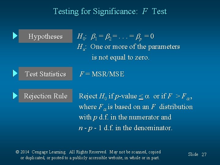 Testing for Significance: F Test Hypotheses H 0: 1 = 2 =. . .