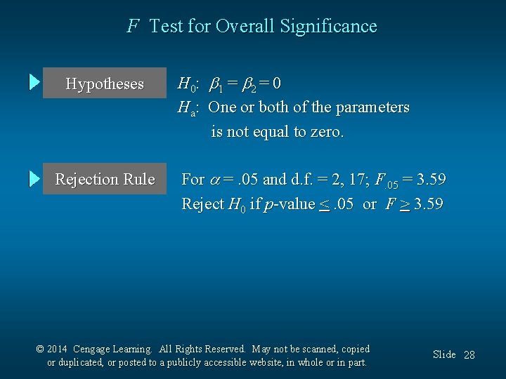 F Test for Overall Significance Hypotheses Rejection Rule H 0: 1 = 2 =