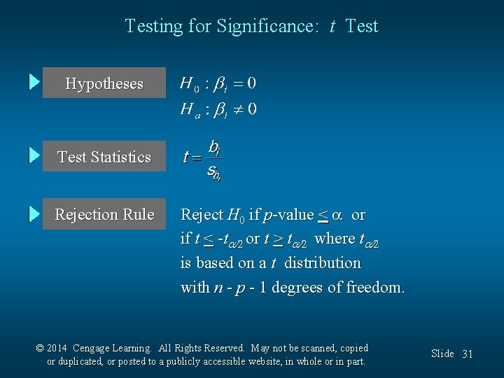 Testing for Significance: t Test Hypotheses Test Statistics Rejection Rule Reject H 0 if