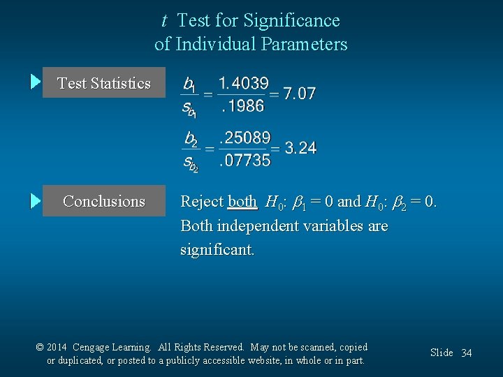 t Test for Significance of Individual Parameters Test Statistics Conclusions Reject both H 0: