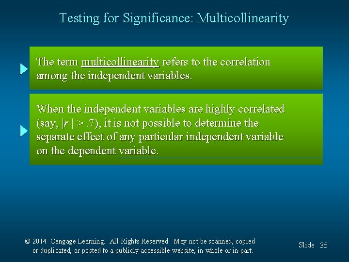 Testing for Significance: Multicollinearity The term multicollinearity refers to the correlation among the independent