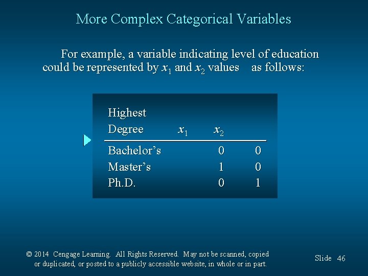 More Complex Categorical Variables For example, a variable indicating level of education could be