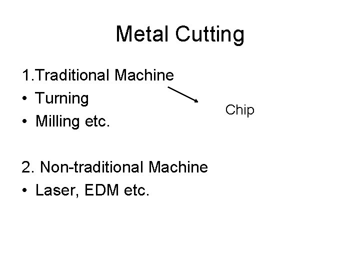 Metal Cutting 1. Traditional Machine • Turning • Milling etc. 2. Non-traditional Machine •