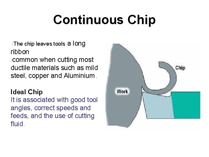 Continuous Chip -The chip leaves tools a long ribbon -common when cutting most ductile