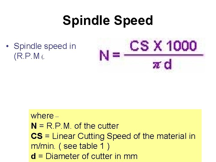 Spindle Speed • Spindle speed in (R. P. M (. where -N = R.