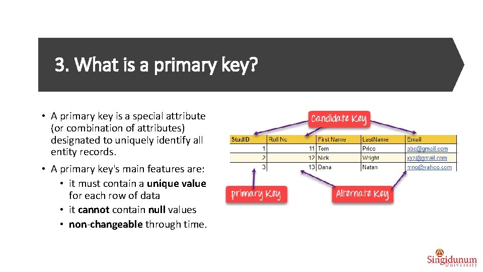 3. What is a primary key? • A primary key is a special attribute