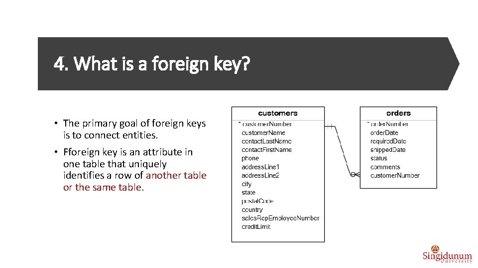 4. What is a foreign key? • The primary goal of foreign keys is