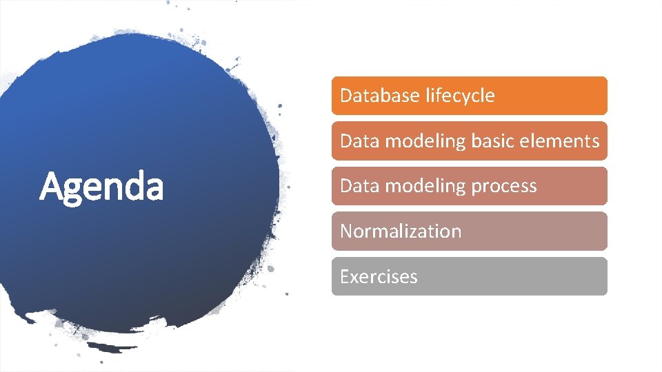 Database lifecycle Data modeling basic elements Agenda Data modeling process Normalization Exercises 