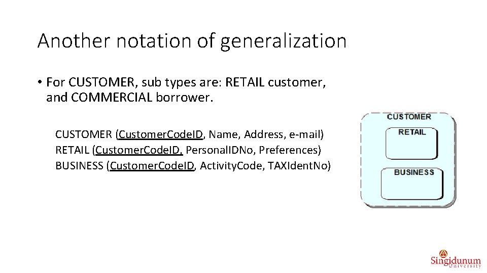 Another notation of generalization • For CUSTOMER, sub types are: RETAIL customer, and COMMERCIAL