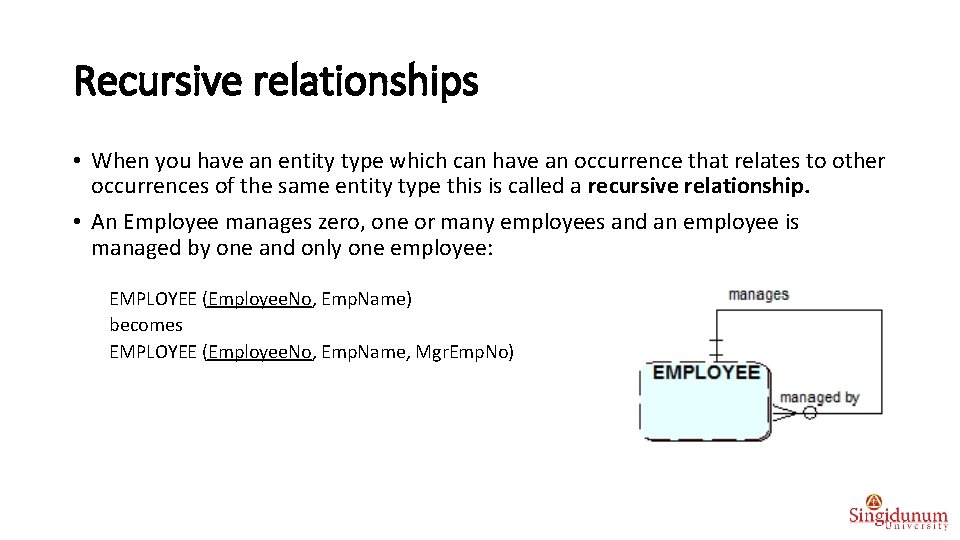 Recursive relationships • When you have an entity type which can have an occurrence