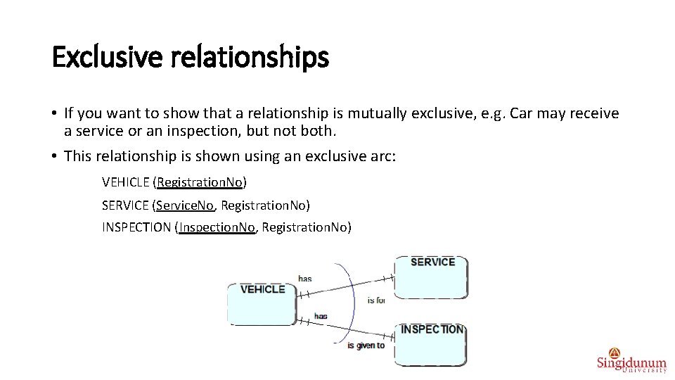 Exclusive relationships • If you want to show that a relationship is mutually exclusive,