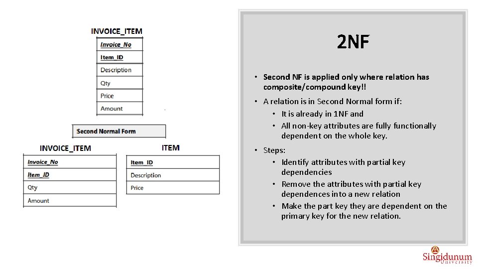 2 NF • Second NF is applied only where relation has composite/compound key!! •