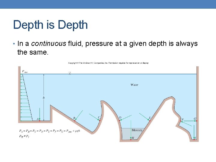 Depth is Depth • In a continuous fluid, pressure at a given depth is