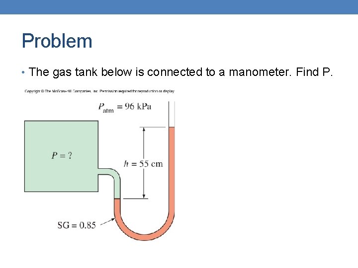 Problem • The gas tank below is connected to a manometer. Find P. 