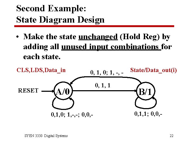 Second Example: State Diagram Design • Make the state unchanged (Hold Reg) by adding