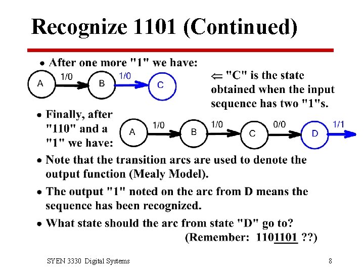 Recognize 1101 (Continued) SYEN 3330 Digital Systems 8 