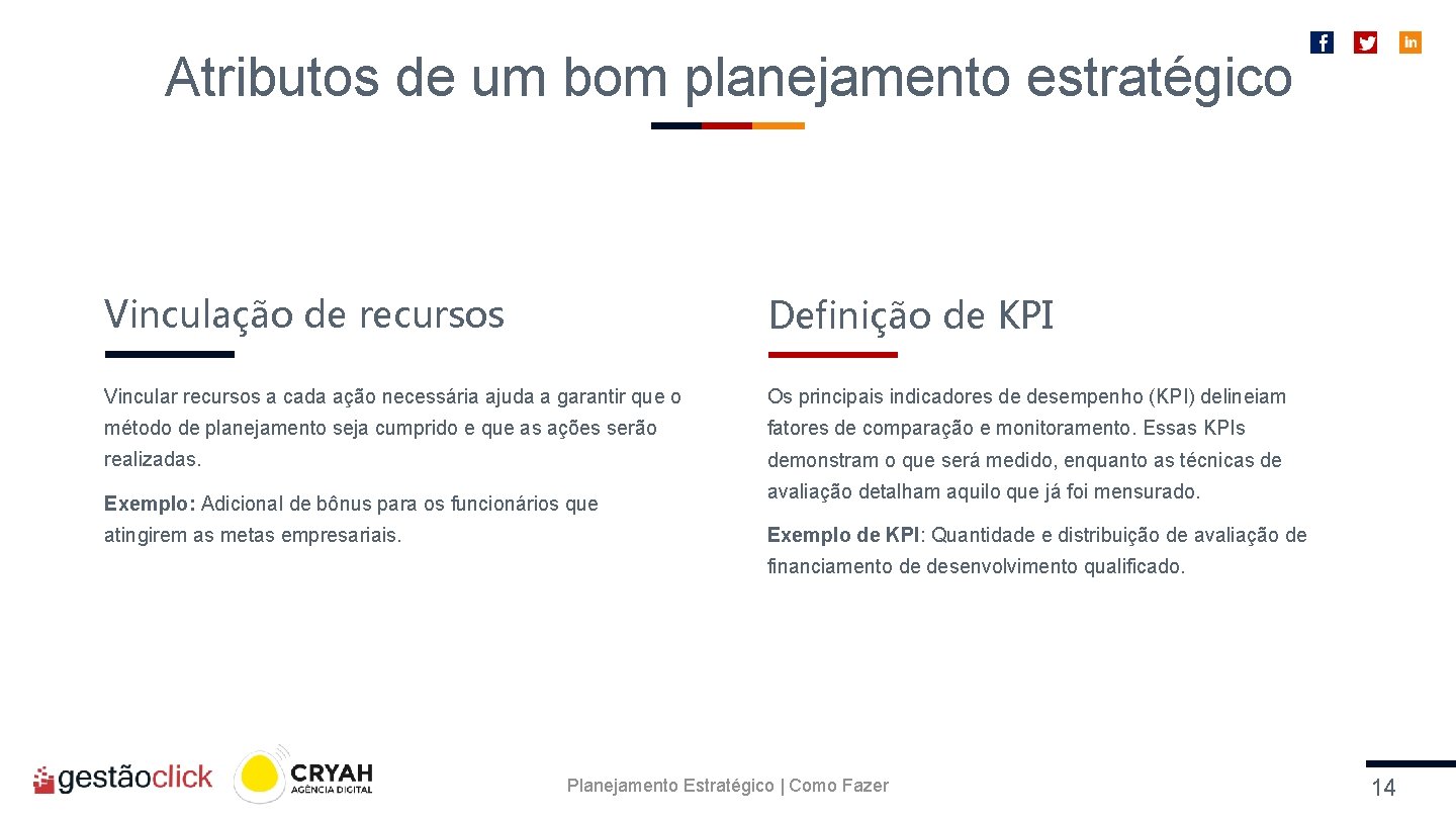 Atributos de um bom planejamento estratégico Vinculação de recursos Definição de KPI Vincular recursos